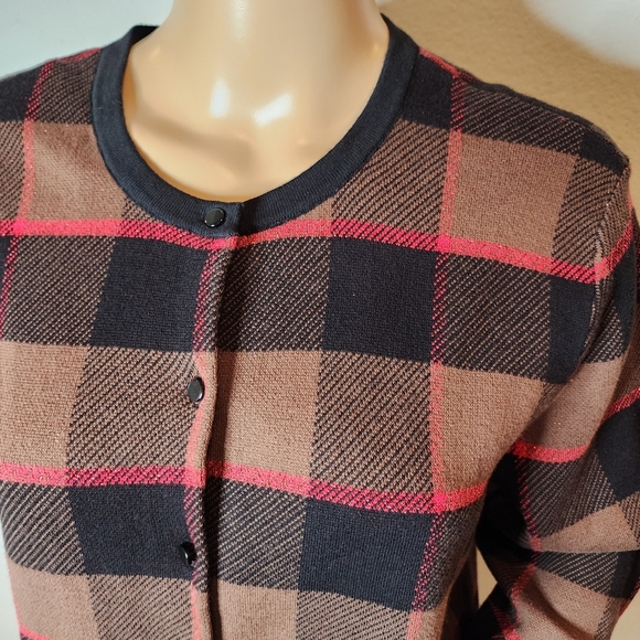 Ann Taylor Metallic Red Black Brown Plaid Button Knit Sweater Cardigan Cotton XL - Picture 3 of 16